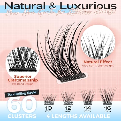 LASHVIEW Self Adhesive Eyelashes,D Curl Press On Lash Clusters Kit Pre Glued Eyelash Clusters with Applicator,No Glue No Remover Needed DIY Lash Extension Kit 10-16mm (N01 60Pcs)