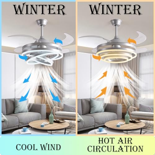 Panghuhu88 42" Invisible Ceiling Fan Chandelier Light,Modern DIY Ceiling Fan Light Remote Control 4 Retractable ABS Blades for Bedroom Living Dining Room Decoration (Silver)