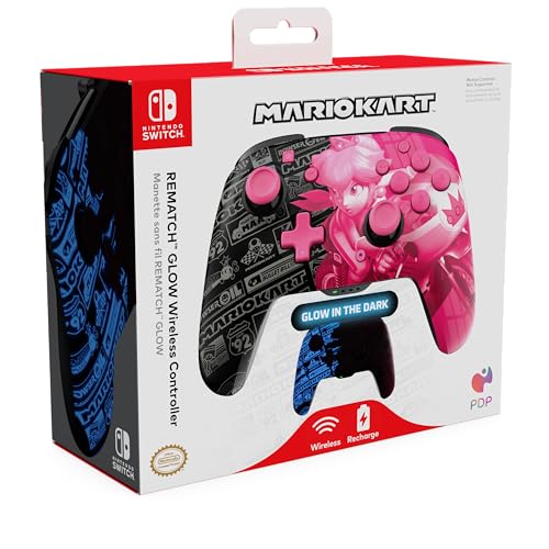 PDP REMATCH GLOW Enhanced Wireless Licensed Nintendo Switch Pro Controller, Rechargeable 40 hour battery power, Customizable Gaming Buttons, 30-foot Range: Mario Kart Grand Prix Princess Peach (Pink)
