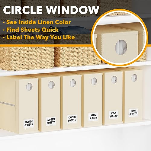 SpaceAid 6 Pack Bed Sheet Organizers and Storage, Foldable Sheet Organizer for Linen Closet, Sheets Set Folder Keeper with Window XL (Queen & King Size) Organizing Bedding Container, Beige