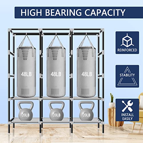 LOKEME Portable Wardrobe, 61-Inch with 3 Hanging Rods and 6 Storage Shelves, Non-Woven Fabric, Stable and Easy Assembly Black Portable Closets for Hanging Clothes with Side Pockets