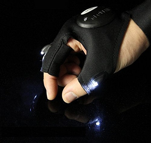 WIROJ BlueSunshine Fingerless 2 LED Flashlight Cycling Gloves, Torch Magic Strap Glove for Repairing,Working in Darkness Places, Fishing, Camping, Hiking and Outdoor Activities (1 Pair: Left & Right)