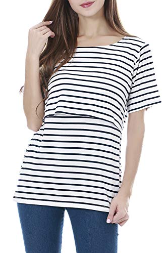 Smallshow 3 Pcs Maternity Nursing T-shirt Nursing Tops White Stripe-Black-Grey Medium