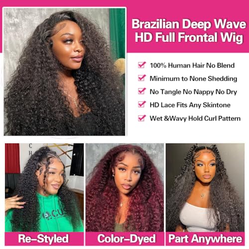 XVE Deep Wave 13x4 Lace Front Wigs Human Hair Pre Plucked 180% Density HD Transparent Lace Frontal Wig Wet And Wavy Wigs For Women Brazilian Hair Curly Glueless Wig Natural Black Color 20 Inch