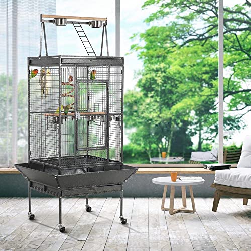 Yaheetech 69-inch Wrought Iron Rolling Large Parrot Bird Cage for African Grey Small Quaker Amazon Cockatiel Sun Parakeet Green Cheek Conure Dove Lovebird Budgie Play Top with Stand