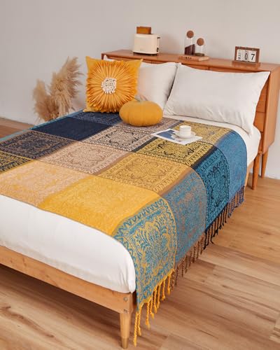 AIVIA Bohemian Throws Blankets, Chenille Woven Recliner Chair Throw Cover Futon Furniture Cover Sofa Slipcover Boho Bed Blanket - 60" x 75" Navy Teal Yellow