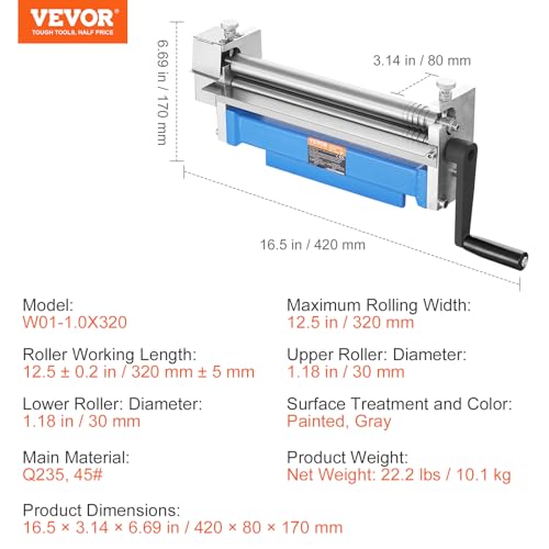 VEVOR Slip Roll Machine, 12.6 inches Forming Width in 20 Gauge Capacity, Sheet Metal Slip Roller Rolling Bending Machine, with 2 Detachable Rollers for Low Carbon Steel Copper Aluminum Alloy Sheet