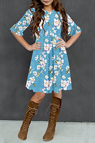 HOSIKA Girls Flowy Swing Casual Long Sleeve Pleated Waist Floral Ruffle A-line Dress for Kids 6-12 Years Teal L