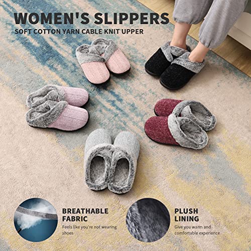 Slippers for Women Fuzzy House Slip on Indoor Outdoor Bedroom Furry Fleece Lined Ladies Comfy Memory Foam Female Home Shoes Anti-Skid Rubber Hard Sole Light Purple Size 7-8