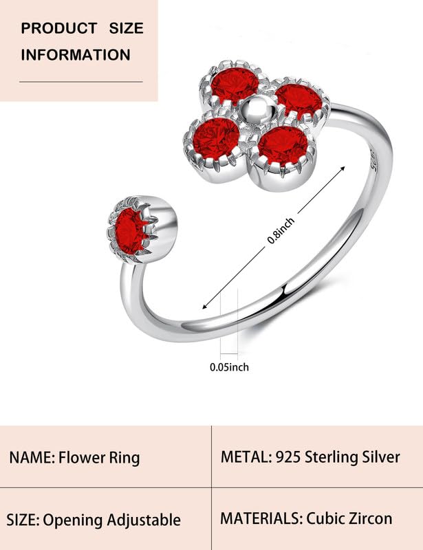 ITS4YEO Solid 925 Sterling Silver Ring Birthstone Flower Ring for Women Personalized Ring Adjustable Open Ring Gift for women