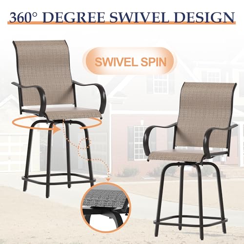 UDPATIO Outdoor Swivel Bar Stools Set of 2,Outdoor High Bistro Stools with Waterproof Textile Fabric,Armrest,Footrest,All Weather Bar Height Patio Chairs for Poolside, Garden, Backyard,Brown