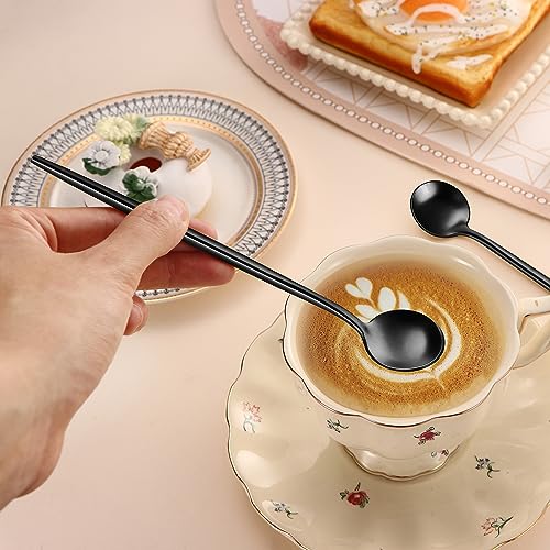 DEHOV 4 PCS 6.7 Inches Satin Black Stainless Steel 18/10 Coffee Spoons,Iced Tea Spoon,Espresso Stirring Spoon,Matte Black SS304 Teaspoons,Dessert Spoon,Long Coffee Spoons