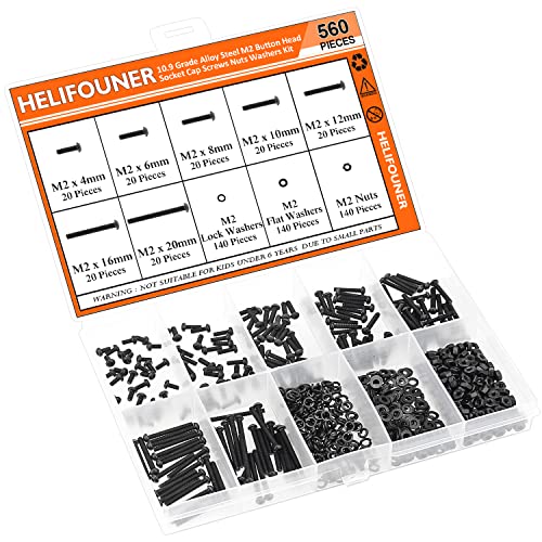 HELIFOUNER 560 Pieces M2 x 4mm /6mm /8mm /10mm /12mm /16mm /20mm, Button Head Socket Cap Screws Bolts Washers Nuts Kit, 10.9 Grade Alloy Steel, Full Threaded, Black
