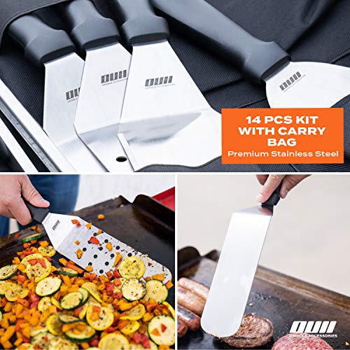 OUII Griddle Accessories Kit for Blackstone and Camp Chef - 3 Pieces Griddle Spatula Set with 4x8 Inches Supersize Griddle Flipper, Turner, Metal Spatulas, Scraper & Hooks for Hibachi Grilling