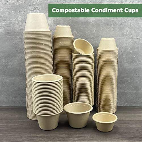CAMKYDE 2 oz Disposable Bagasse Fiber Souffle Cups 100pk, 100% Natural Biodegradable Compostable Condiment Cups Sample Cup Tasting Cup (Natural, Pack of 100)