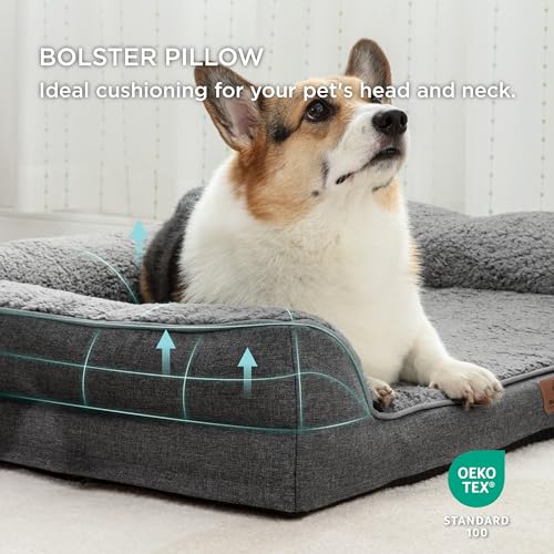 Bedsure Memory Foam Dog Bed for Large Dogs - Orthopedic Egg Foam Dog Sofa Bed with Soft Sherpa Surface, Bolster Pet Couch with Removable Washable Cover, Waterproof Layer and Nonskid Bottom, Dark Grey