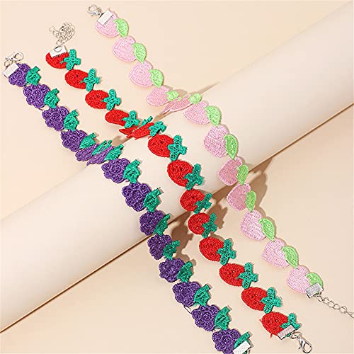 Cute Fruit Choker Necklace for Women Embroidered Strawberry Peach Grape Collar Clavicle Chain Necklace Jewelry Gift