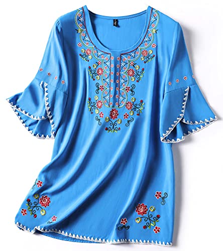 Ashir Aley Mexican Shirts Peasant Blouses Cotton Embroidered 3/4 Sleeve Bohemian Tops Boho Clothes for Women Summer and Fiesta Blue