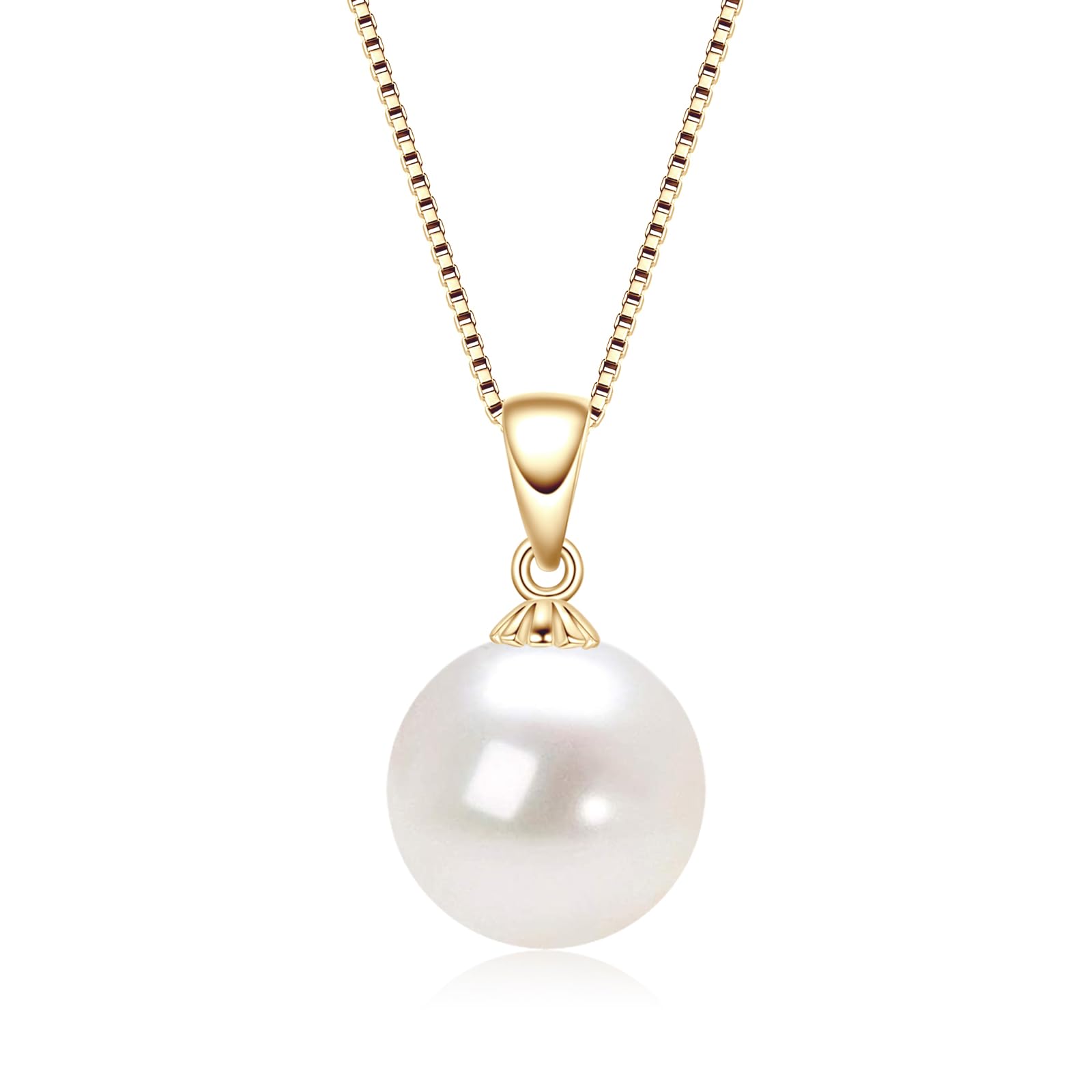 DENGGUANG Single Pearl Necklace for Women, 9-10mm Freshwater Cultured Gold Plated Pearl Pendant with Sterling Silver Chain, Anniversary Birthday Wedding Jewelry Gifts for Women