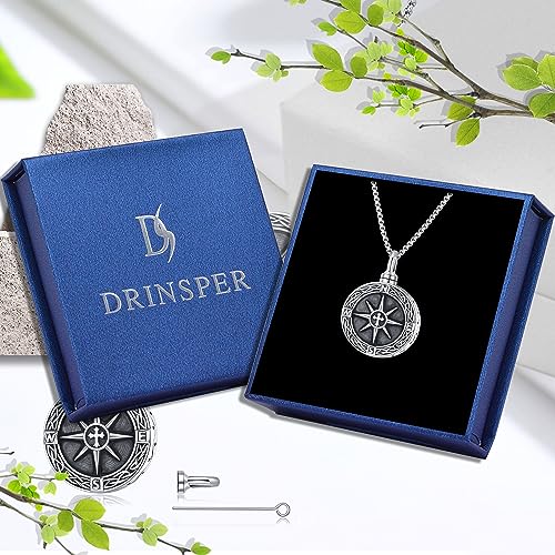 DRINSPER Compass Necklace for Men Women 925 Sterling Silver Celtic Compass Pendant Birthday Gifts for Her Him Celtic Knot Jewelry Christmas Gift for Men Birthday Gift