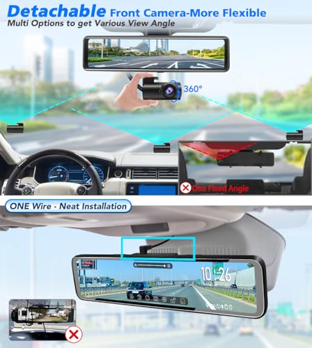 PORMIDO Mirror Dash Cam 12" with Detached Front Camera,Anti Glare Full Touch Split Screen HD 1296P,Car Backup Rear View Mirror Camera Dual Lens with Sony Sensor,Super Night Vision,Parking Assistance