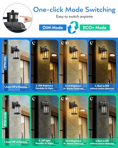 VIANIS Dusk to Dawn Motion Sensor Outdoor Porch Lights, Modern Black Exterior Porch Light Fixtures Wall Mount, Anti-Rust Aluminum Waterproof Wall Lantern With Tempered Ripple Glass For Garage Entryway