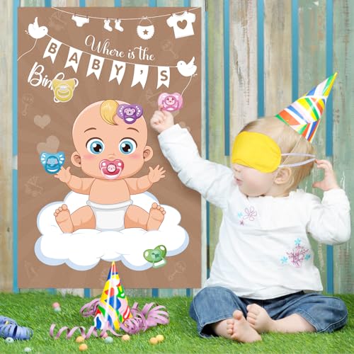 Atiloy Pin The Pacifier On The Baby Game - Baby Pacifier Games Poster with 64 Pacifier Stickers for Baby Shower Party Favors, Boys and Girls Kids Birthday Party Supplies