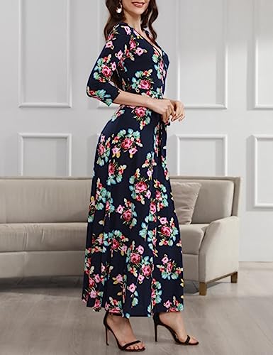 Aphratti Maxi Dresses for Women 2024 Casual Fall 3/4 Sleeve Faux Wrap V Neck Floral Flowy Long Maxi Dresses Blue Small