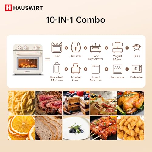 HAUSWIRT Air Fryer Toaster Oven Combo K3, Retro Convection Oven Countertop,19QT 4-slices or 10" Pizza, Bake Toast Broil Air Fry, 1250W Rapid Heating, 140°F - 450°F, Non-Stick, White