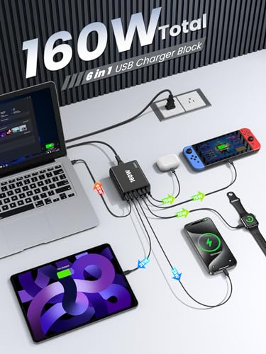 USB C Fast Charger Block: 160W GaN Charger 6 Port PD Charging Station Hub Brick for All iPad iPhone Series - Wall Charger Power Adapter for Samsung Galaxy Note - Laptop Charger for MacBook Air Pro