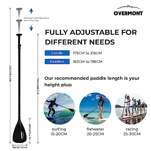 Overmont SUP Paddle Carbon Fiber - 3 Piece Adjustable Stand Up Paddleboard Paddle - Lightweight Adjustable Durable Paddle Oar