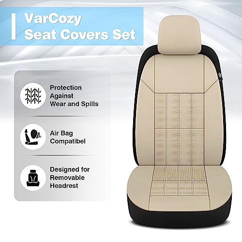 VarCozy Faux Leather Car Seat Covers Front Pair, Universal Front Seat Covers for Car, Breathable Seat Covers for SUV, Sedan, Van, Premium Automotive Interior Covers, Airbag Compatible, Beige