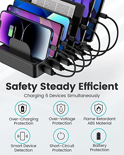 CREATIVE DESIGN Charging Station, 50W 6 Ports Multi Charger Station with 6 Charging Cables, USB Charging Dock for Multiple Devices, Compatible with Cellphone iPad Kindle Tablet and Other Electronic