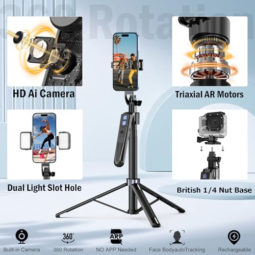 Auto Face Tracking Tripod 360 Rotation with Stand,Android and iPhone Tripod Holder with Remote and Gesture Control, No App,Built-in Tracking Camera Selfie Stick Tripod for Vlog Video Recording Tiktok