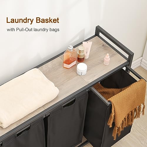 AMHANCIBLE Laundry Hamper with 3 Section, Laundry Basket with 3 Pull-Out and Removable Bags, Laundry Sorter with Shelf, Dirty Clothes Hamper for Laundry Room, Bathroom, 3 x 10 Gallons (38L) HLS03GY