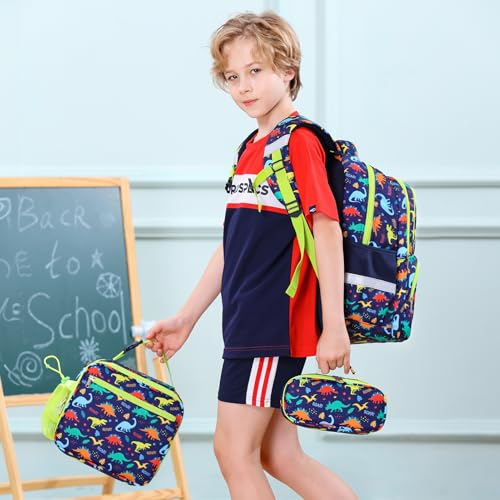 Fimibuke Kids Backpack for School Boys - 3PCS Waterproof Toddler School Bag Cute Bookbag Set with Lunch Box & Pencil Case for Preschool Kindergarten Elementary Back to School Student Ages 3-12, Trucks