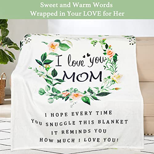 BESTSWEETIE Throw Blanket 60" x 50" for Mom Birthday, Soft Flower Pattern I Love You Mom Blanket from Daughters, Blue