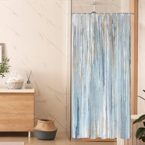 JAWO Abstract Brushstroke Blue Shower Curtain for Bathroom, Beige and Gold Yellow Shower Curtains, Modern Painting Farmhouse Aesthetic Polyester Waterproof Bathroom Curtain with 12 Hooks