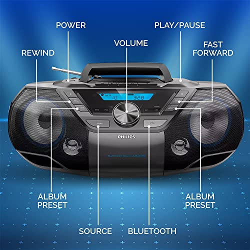 Philips Portable CD Player Bluetooth with Cassette All in one Powerful Stereo Boombox for Home with mega Bass Reflex Speakers, Radio/USB / MP3/ AUX Input with Backlight LCD Display