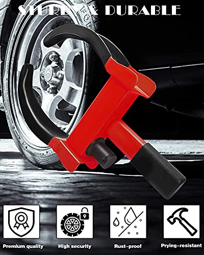 Tevlaphee Universal Wheel Lock Heavy Duty Security Trailer Wheel Lock Anti Theft Wheel Locks for Cars SUV Camper Motorcycle Trailer Great Deterrent Bright Color with 3 Keys (Black-red)