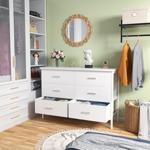 BOLUO Black Dresser for Bedroom 6 Drawer,Wide Dresser TV Stand for 60" TV Dressers & Chests of Drawers Fabric Dresser for Closet Modern