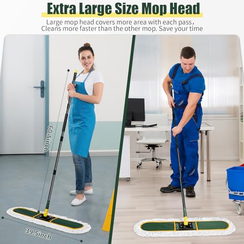 36" Commercial Dust Mop for Floor Cleaning with 2 Replacement Mop Pads, Heavy Duty Industrial Large Floor Wet Dry Mop for Cleaning Office Garage Hardwood Warehouse Factory Mall