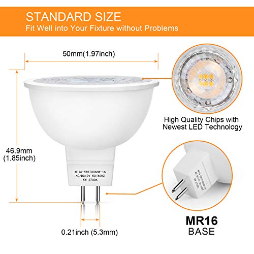 Mlambert 4 Pack MR16 LED Bulbs 50W Halogen Equivalent 2700K,5W GU5.3 MR16 12V Spotlight Bulb,Non-Dimmable,45°Beam Angle for Landscape Track Light Recessed