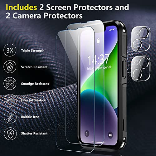 SPIDERCASE for iPhone 14 Case/iPhone 15 Case, [15 FT Military Grade Drop Protection][Non-Slip] 2 Pack [Tempered Glass Screen Protectors+Camera Lens Protectors] Heavy Duty Shockproof Case, Purple