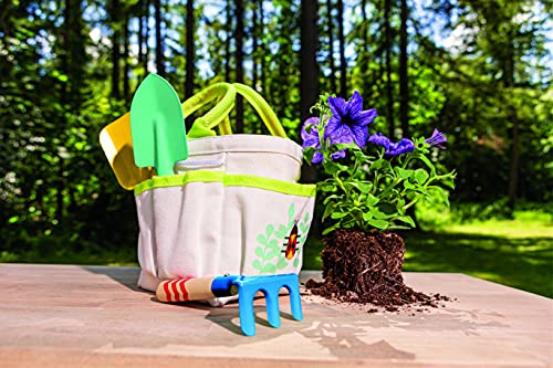 Beetle & Bee Kids Garden Tote Kit – Durable, Easy-to-Clean Gardening Tools Set - Includes Canvas Tote Bag, Hand Rake, Shovel & Trowel - Perfect Toddler Gardening Set