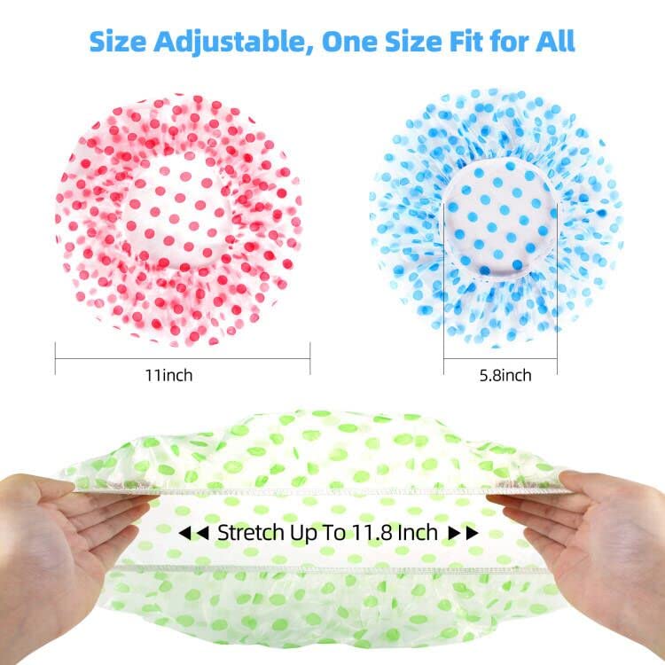 MZD8391 Shower Cap, Reusable Shower Hat Bath Caps - Waterproof with Elastic Band Hair Hat for Men Women Ladies Spa Salon (Coloful Dotted) (6 Packs)