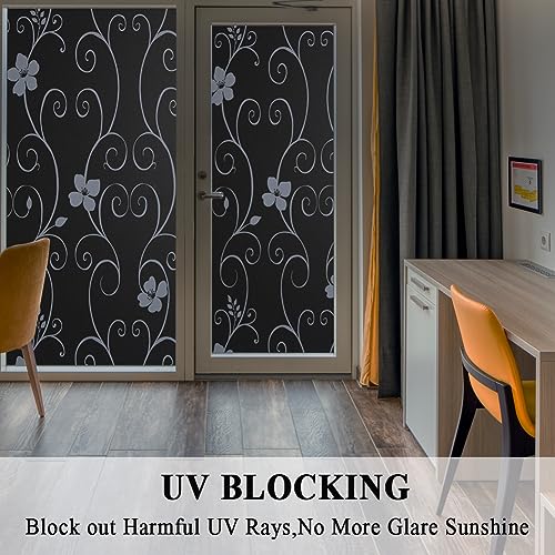 Iron Flower Total Blackout Window Film, Light Blocking Glass Door Film,Room Darkening Window Cling,No Glue/Heat Control/Anti UV for Day Sleep & High Privacy,11.8 inches by 78.7 inches