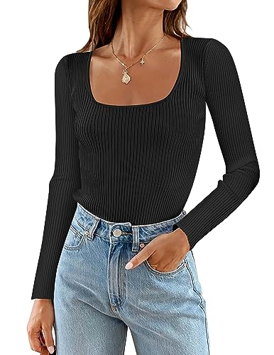 ZESICA Women's 2024 Long Sleeve Square Neck T Shirts Slim Fitted Elegant Fall Ribbed Knit Casual Tee Tops,Sky,X-Large