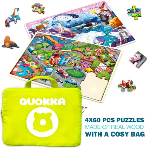 QUOKKA Wooden Puzzles for Kids Ages 4-6 – 4 x 60 Piece Kids Puzzles Ages 4-8-10 Year Olds by QUOKKA - Jigsaw Learning Game with Animals Dinosaurs City for 3-5 yo Wood Toys for Boys and Girls