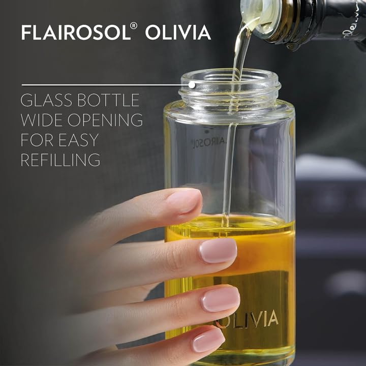 FLAIROSOL OLIVIA Oil Sprayer for Cooking, 130ml /4.4oz Glass Olive Oil Sprayer, Continuous Spray with Portion Control, Oil Dispenser Bottle for Kitchen, Air Fryer, Frying, Salad, BBQ (Golden Leaves)